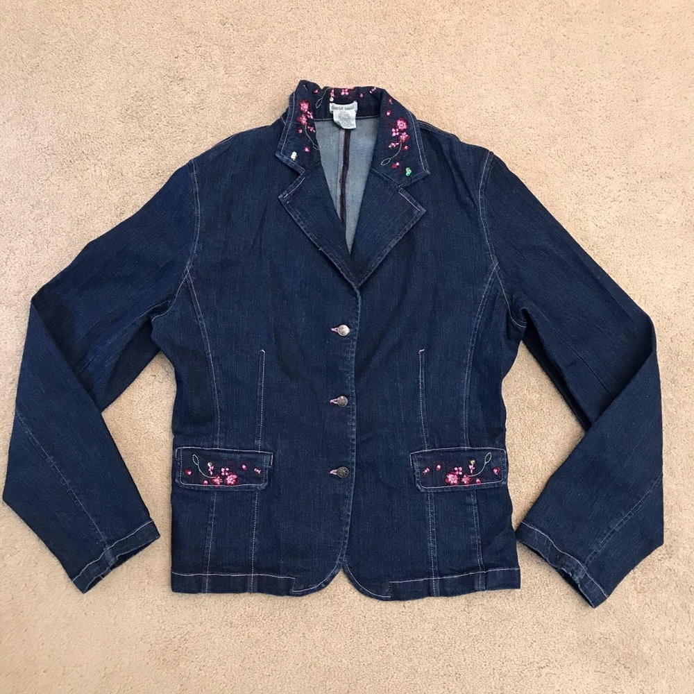 David Paul Denim Jacket Womens Large Blue Pink Floral Embroidery Stretch Fabric